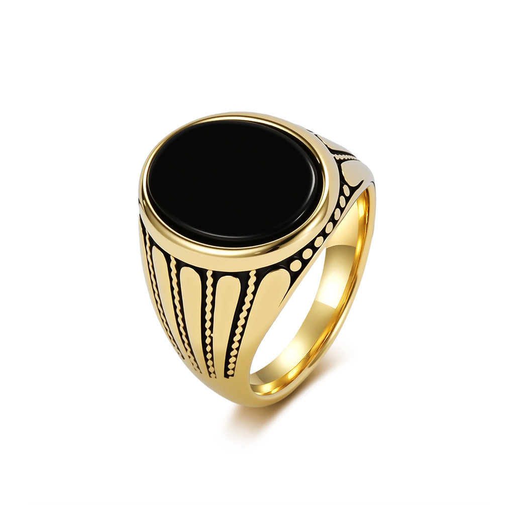 Black Gemstone Vintage Stainless Steel Ring for Men