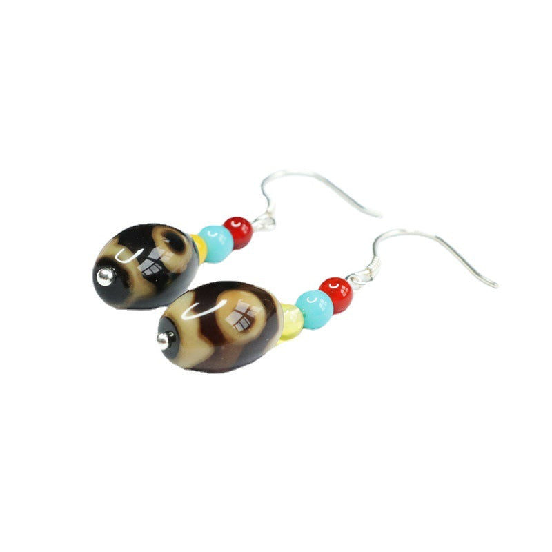 Three-Eye Dzi Agate Barrel Bead Hook Earrings