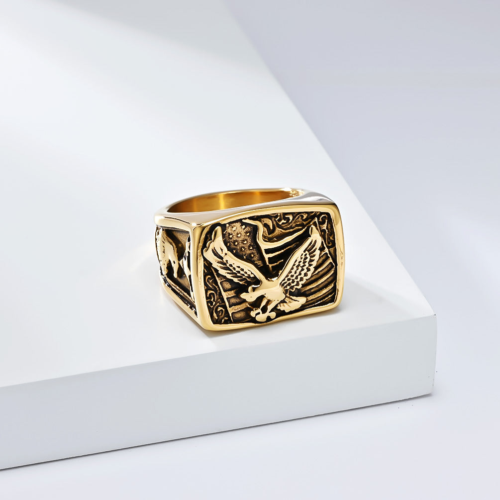 Planderful Mens Eagle Ring Stainless Steel Personalized Memorial For Marine Veterans Gift