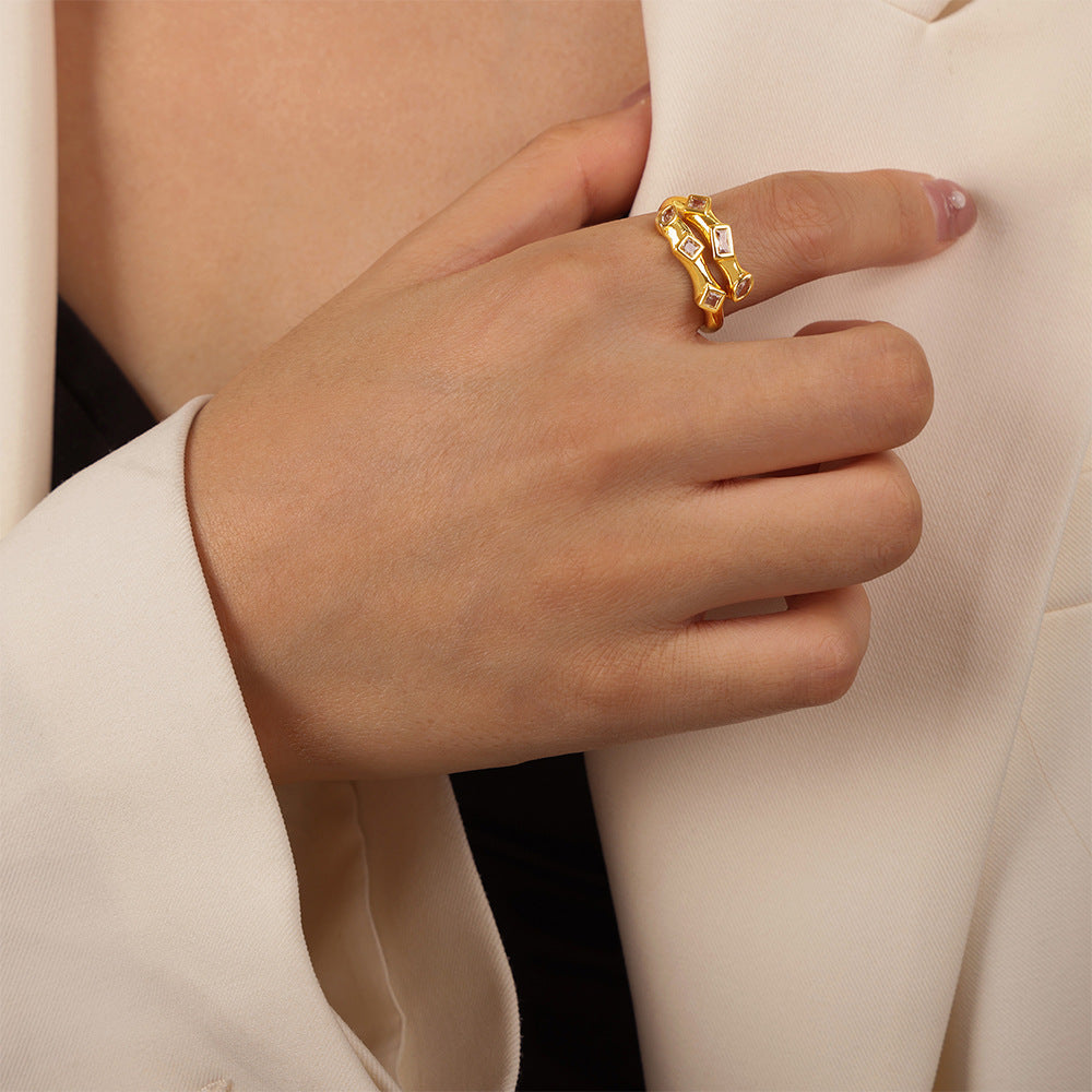 European Copper Open Ring with Irregular Geometric Zircon Design