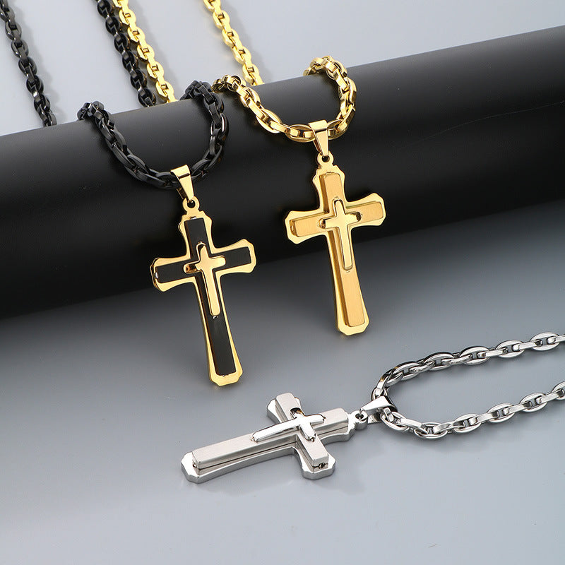 Planderful Men Cross Necklace Bamboo ThreeLayer Titanium
