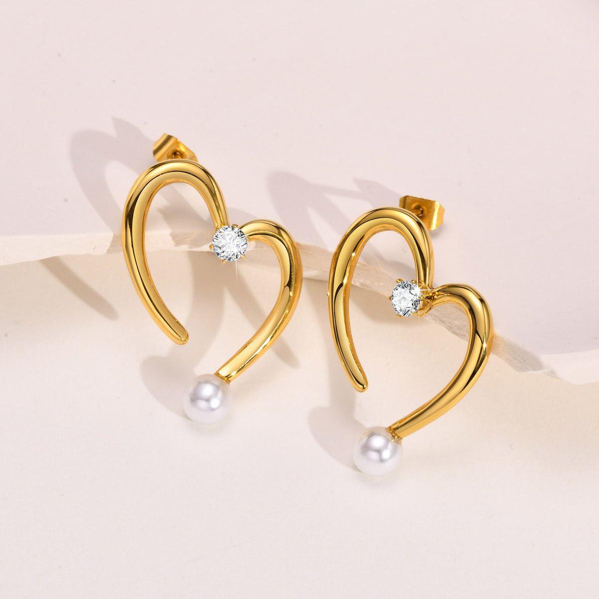 Stainless Steel Zircon Pearl Heart Earrings
