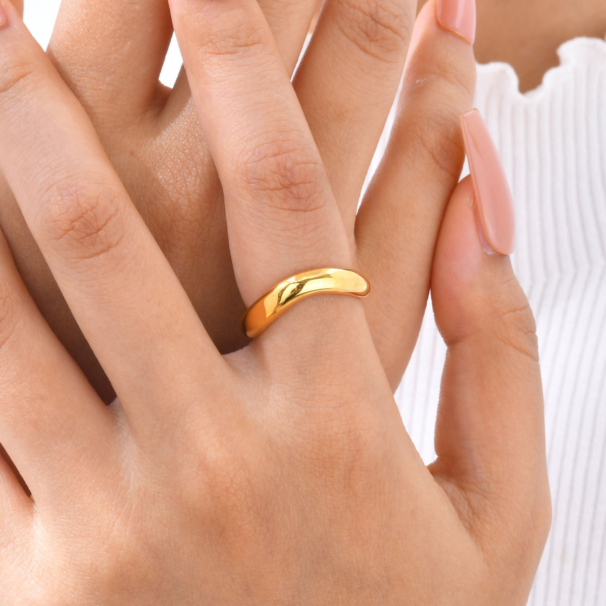 Stylish Stainless Steel Smooth Three-Layer Water Drop Geometric Wave Gold Ring