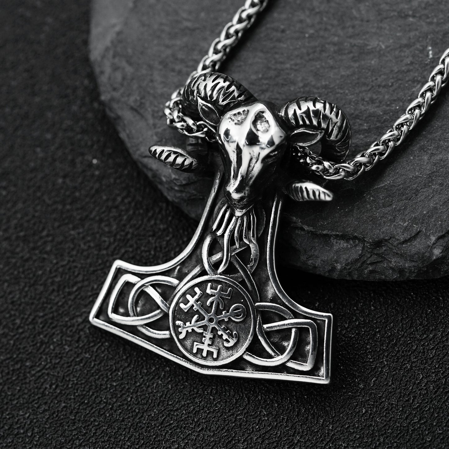 Steel Necklace - Vintage Viking Thor Hammer Pendant with Rune Compass Charm By Planderful