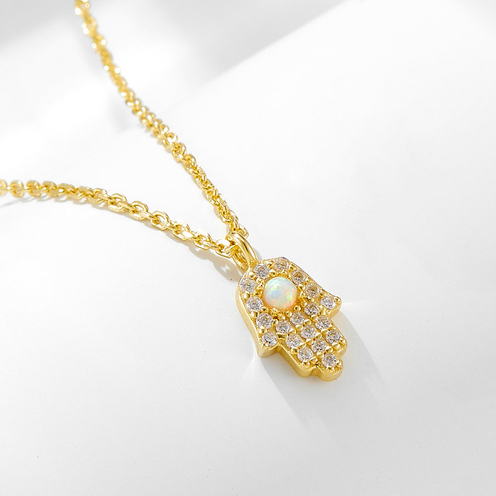 925 Sterling Silver Fatima Hand Necklace Zircon Opal Mini Palm Clavicle Chain