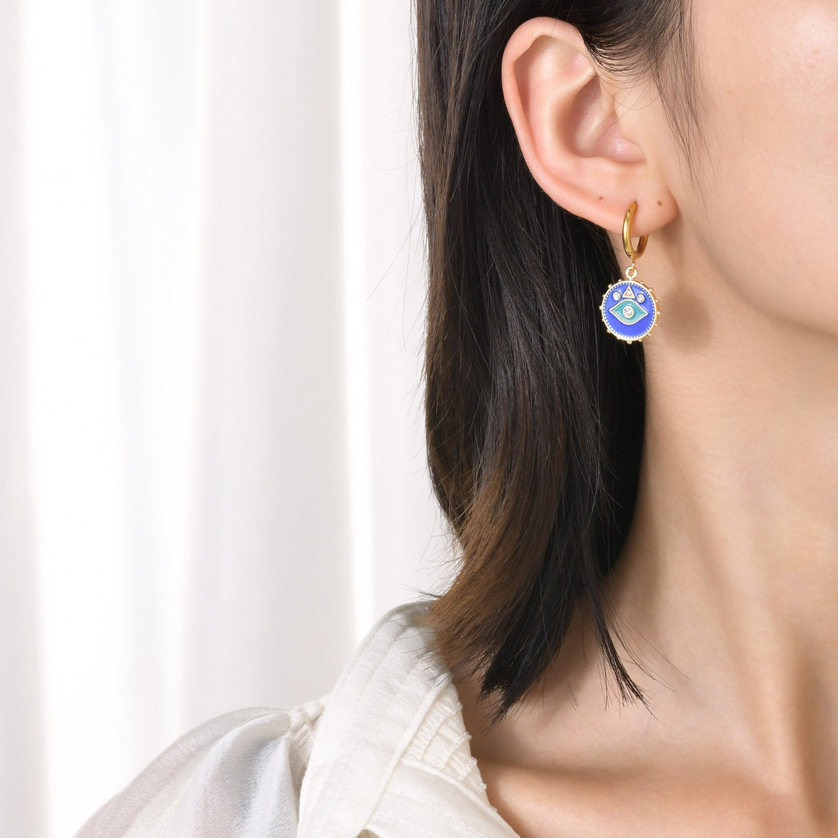 Blue Enamel Evil Eye Charm Hoop Earring