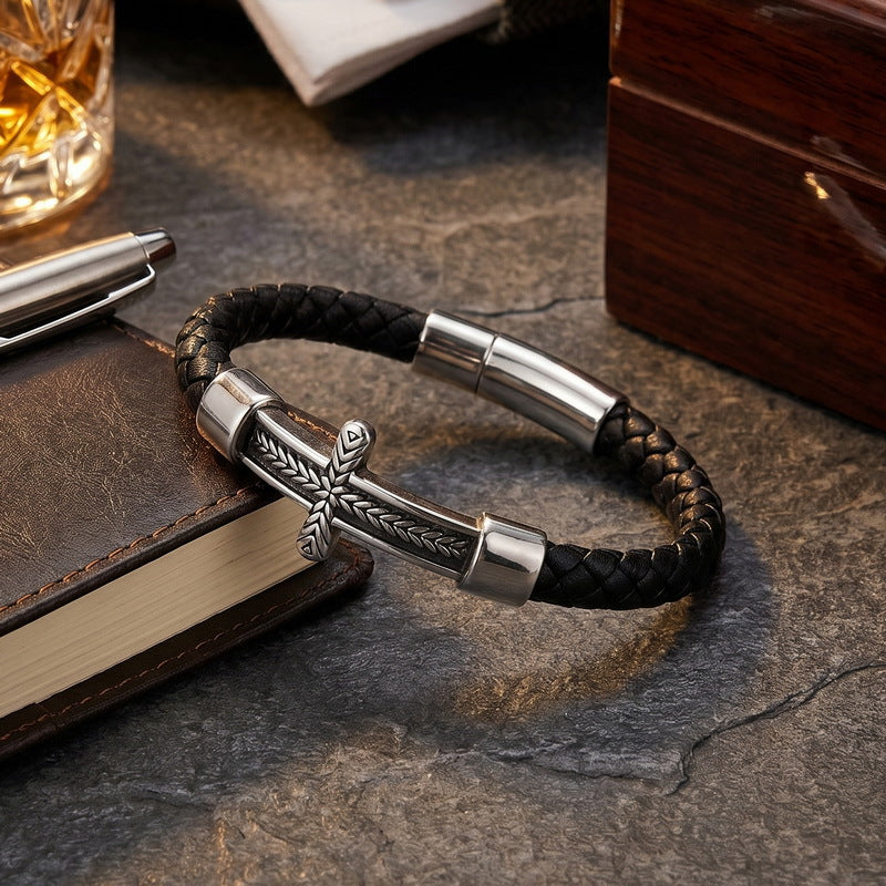 Wheat Ear Cross Curved Bar Woven Leather Bracelet Old Round Stainless Steel