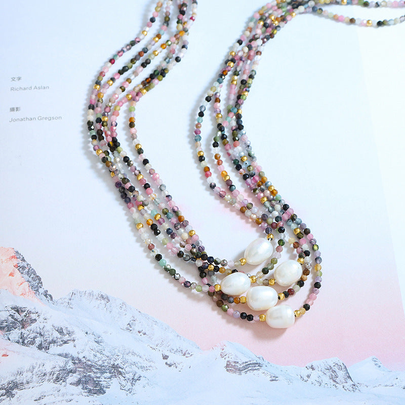 Ethnic Charm Necklace with Colorful Stone Beads and Pearl Pendant