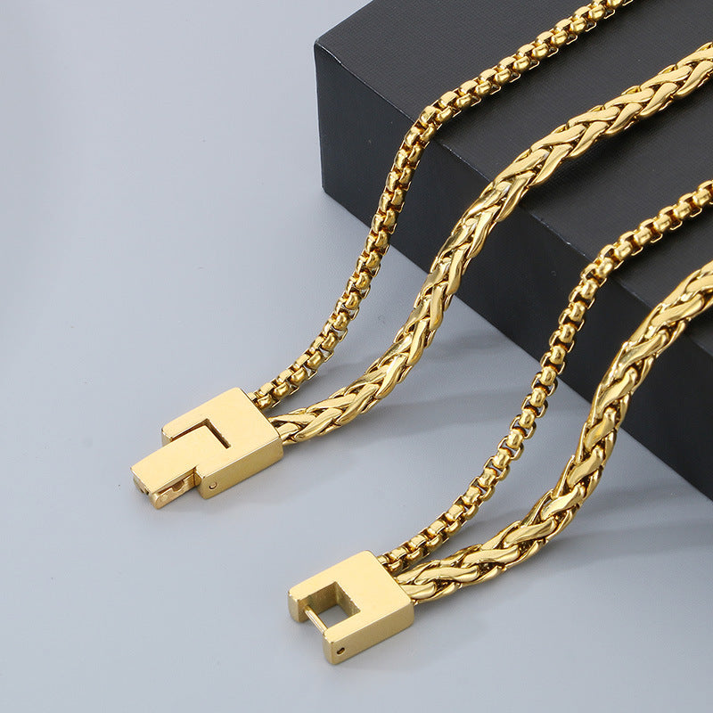Hip-Hop Trendy Men Stacked Cross Pendant Double-Layer Square Pearl Flower Basket Chain Titanium Necklace