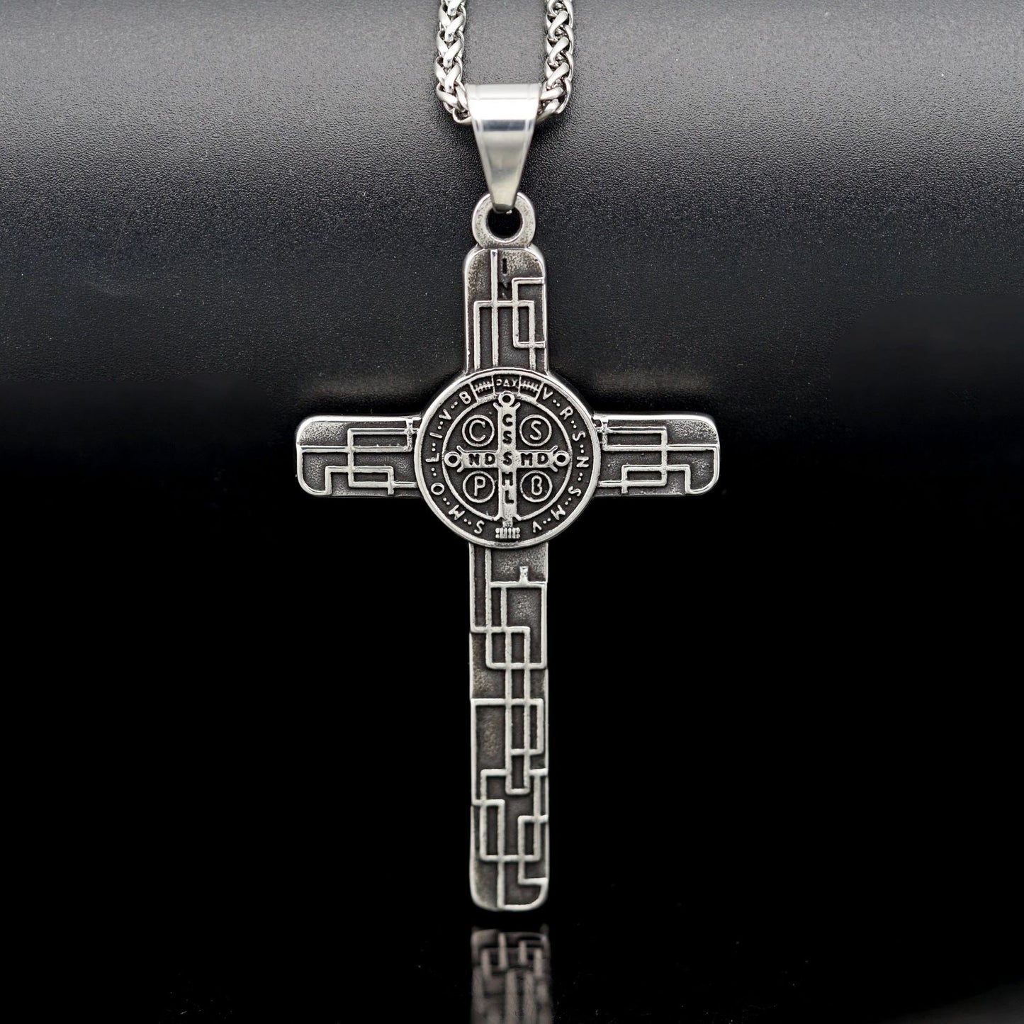 Stainless Steel Necklace - Statement Men's Cross Necklace in Antique Silver Finish