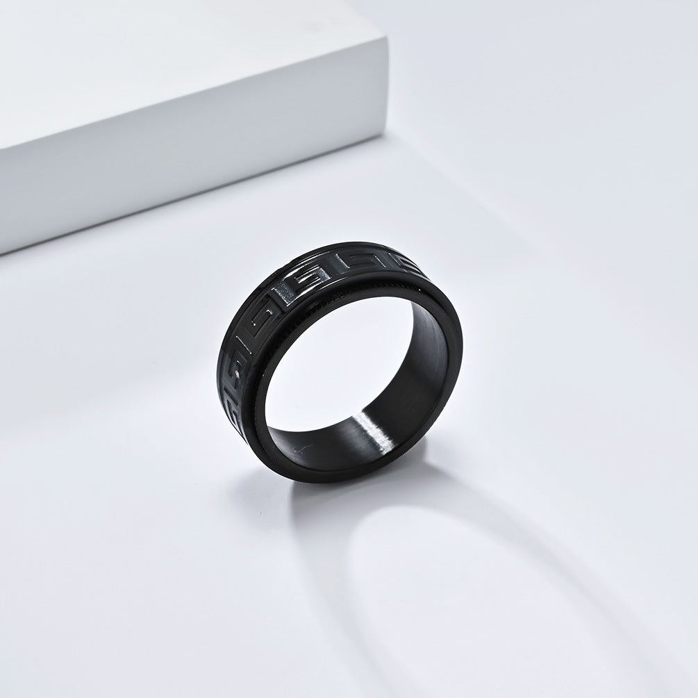 Planderful Rotatable Decompression Ring For Men With Retro Great Wall Pattern In Titanium Steel