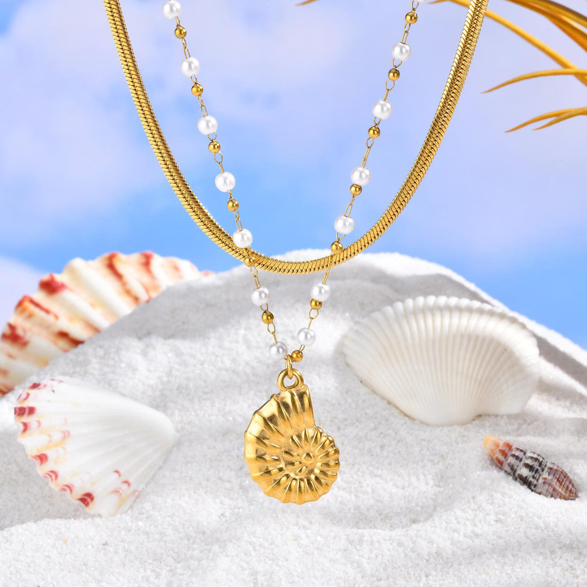 Summer Seaside Vacation Leisure Ocean Wind Stainless Steel Conch Double Layer Stacked Necklace