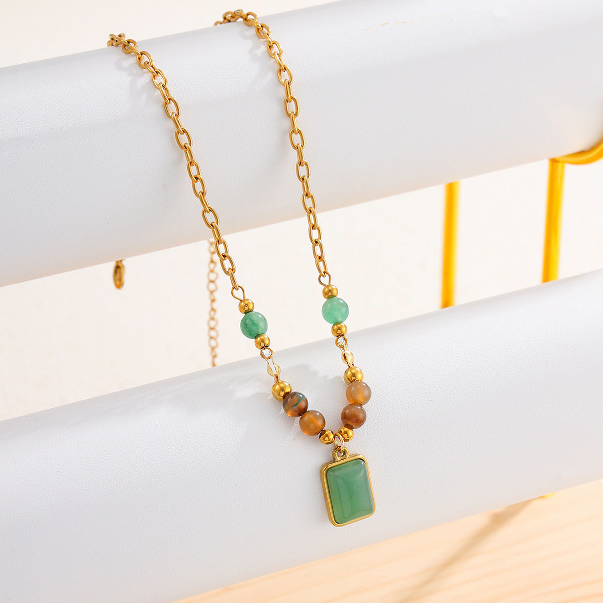 Vacation Gravel Pendant Beaded Collarbone Chain Retro Colored Gemstone Stainless Steel Neck Necklace