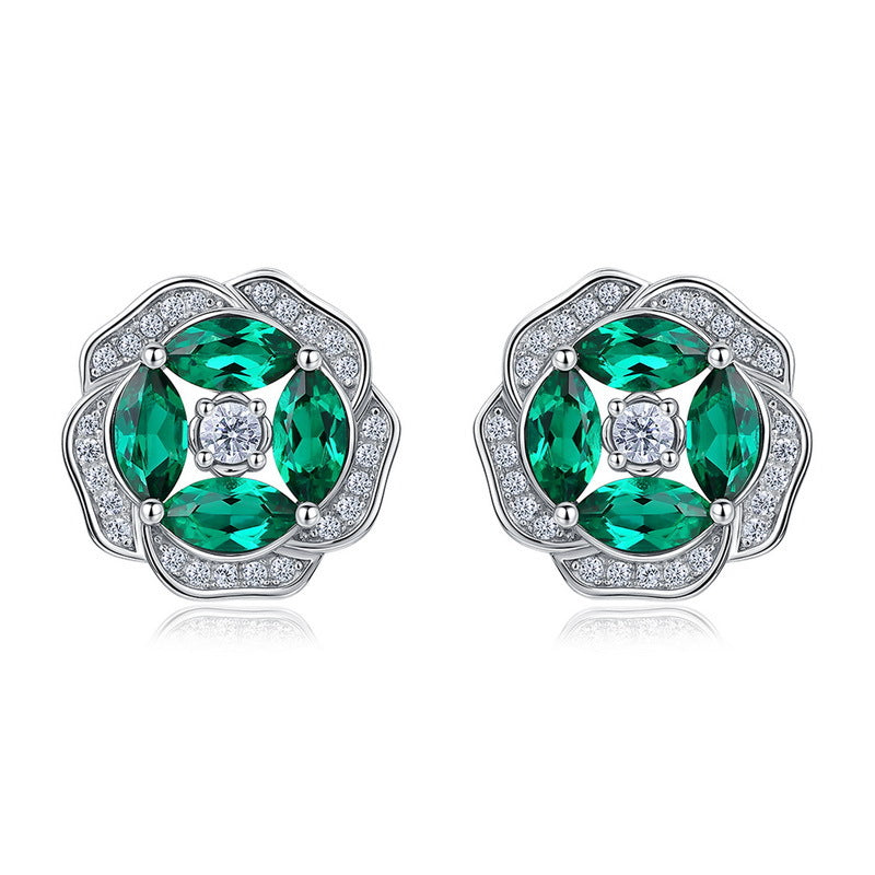 S925 Sterling Silver Lab-Grown Emerald Flower Stud Earrings