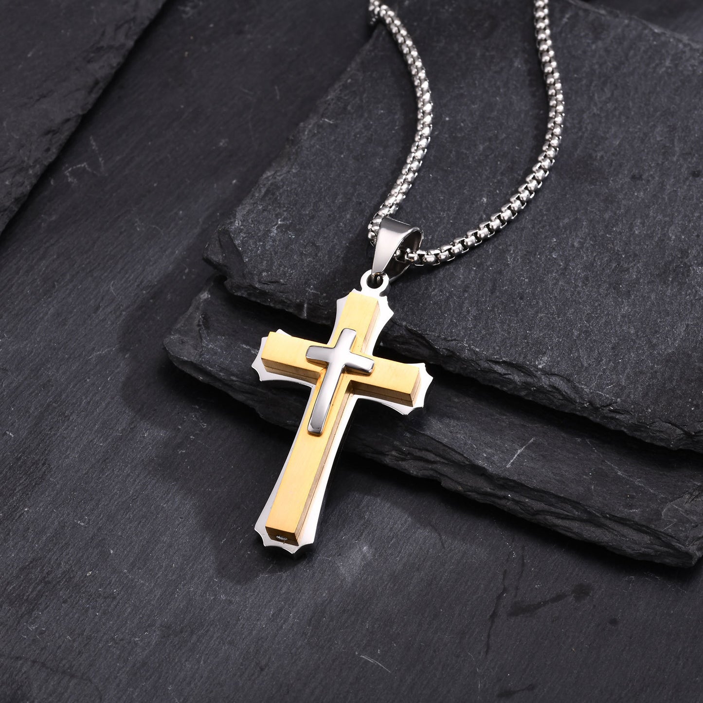 Jewelry European And American Accessories Stainless Steel Three Layer Cross Pendant Necklace For Men