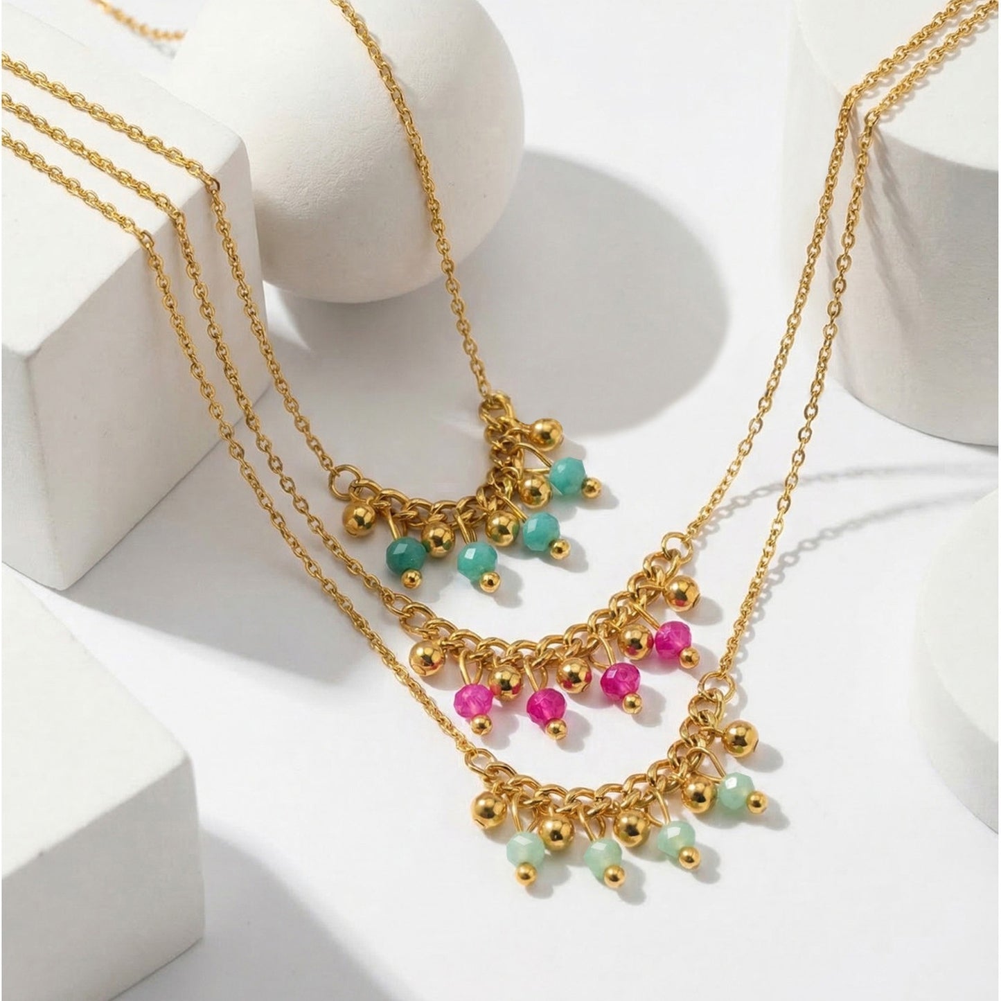 Summer Stainless Steel Cross Chain Green Fringed Beaded Necklace Design Item Decoration