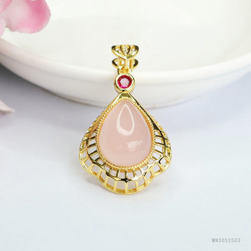 Pink Chalcedony Openwork Teardrop Pendant — No Chain