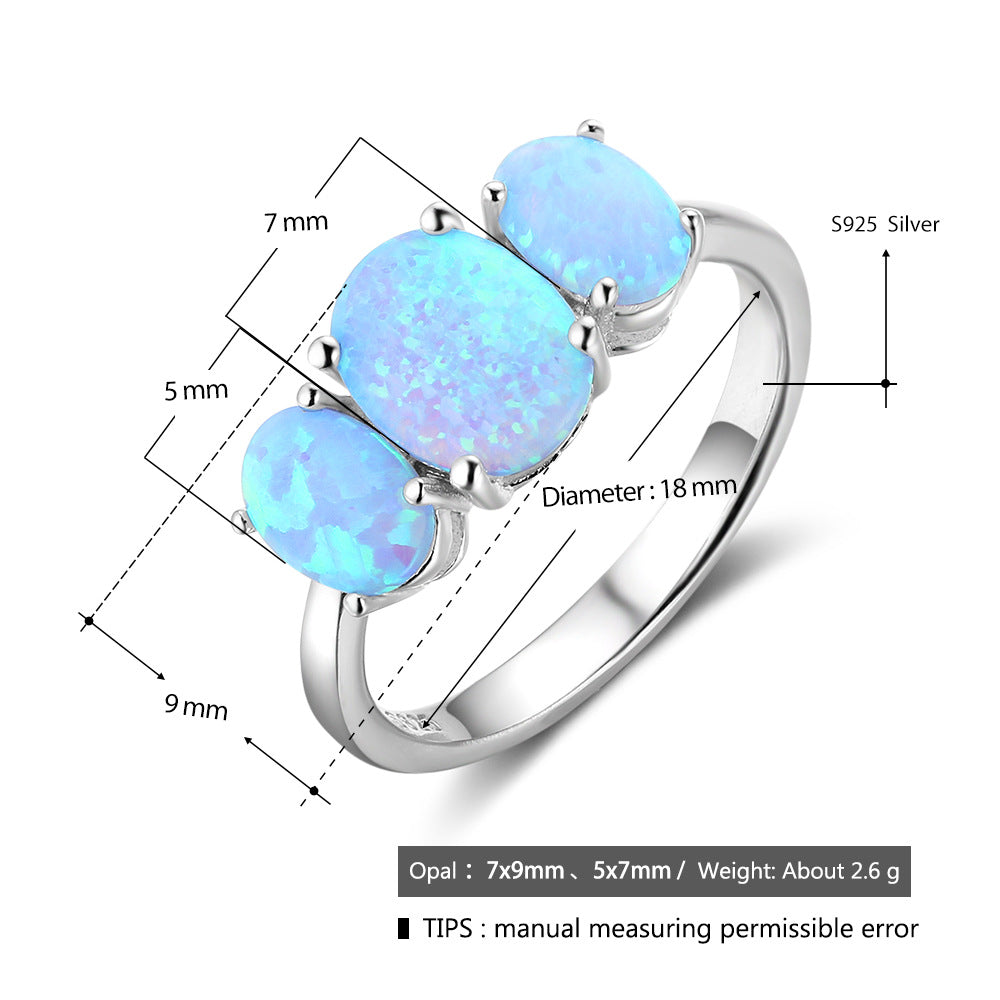 Planderful Jewelry Three Blue Oval Opal Ring In Sterling Silver S925 For Elegant Everyday Style