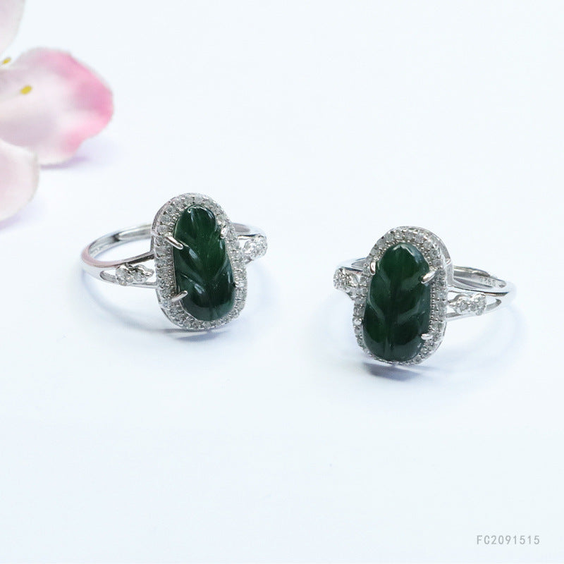Green Jadeite Leaf Halo 925 Silver Ring