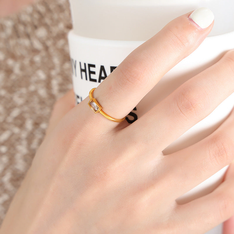 Colorful Spar Inlay Titanium Steel Gold-Plated Thin Ring - Korean Style Women's Jewelry