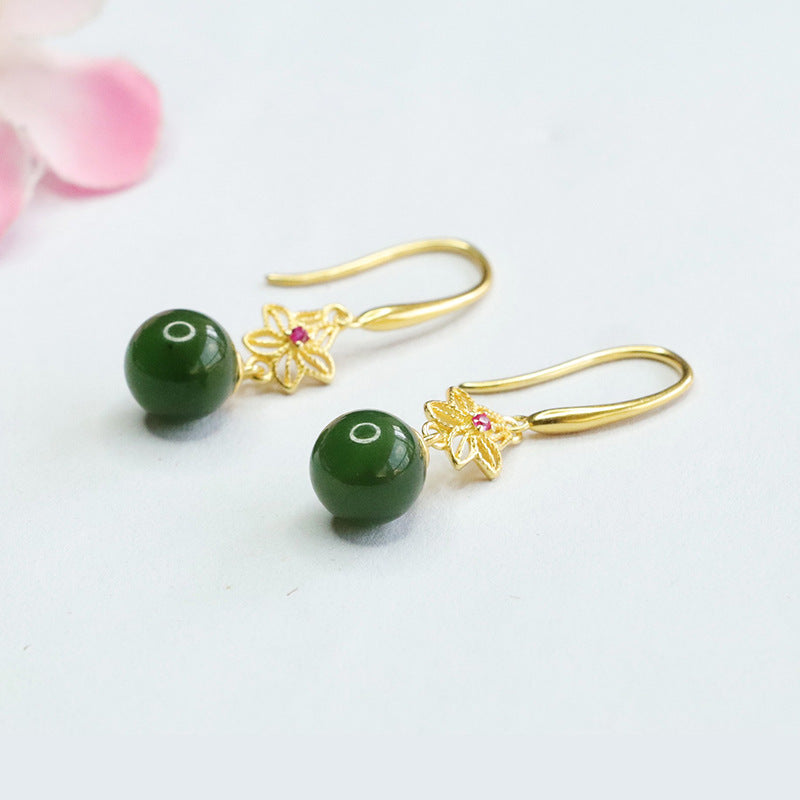 S925 Silver Natural Hetian Jade Earrings with Jasper Bead Hollow Floral Design