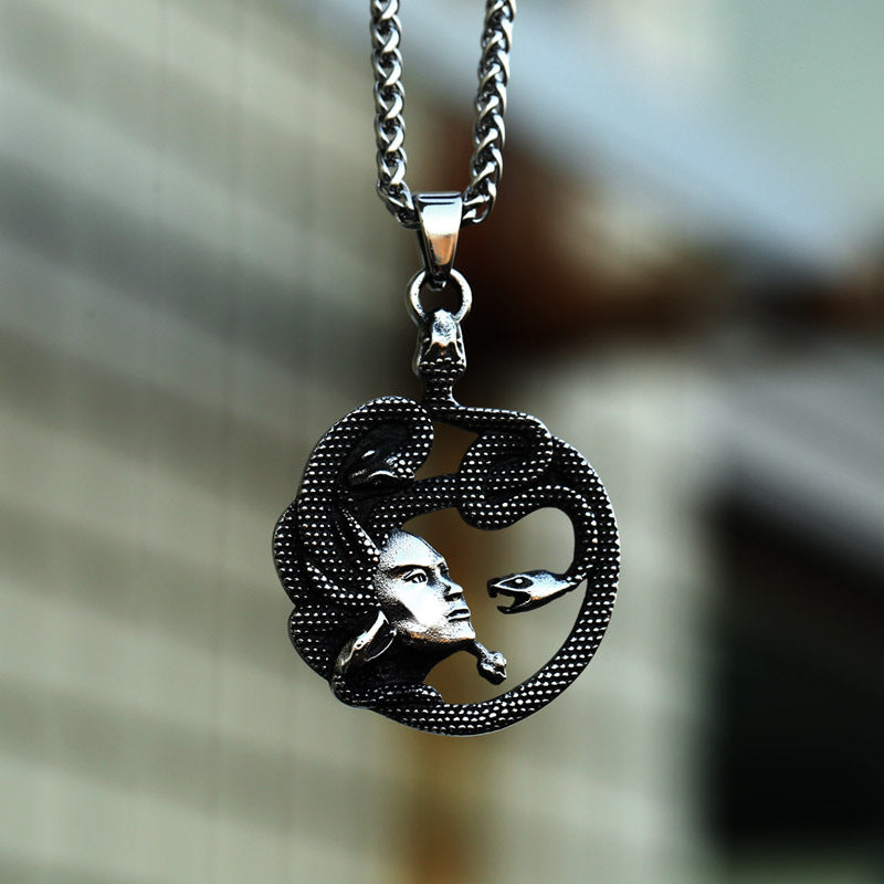 Nordic Stainless Steel Snake Pendant – Titanium Steel Coiled Snake Medusa Pendant Necklace