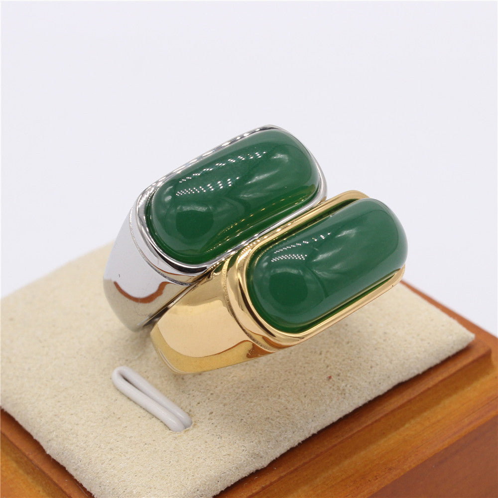 Emerald Green Jade Inlay Ring For Unisex Protection Durable Stainless Steel Planderful Everyday Genie