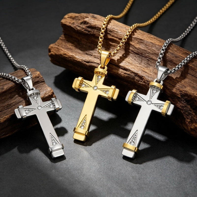Hip Hop Triangle Array Zircon Cross Pendant Stainless Steel Men's Cross Pendant Necklace