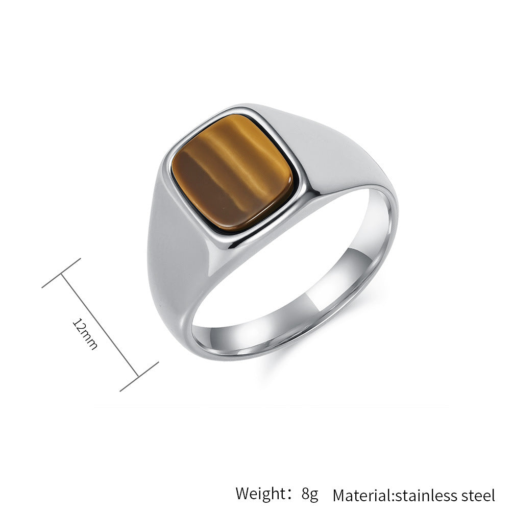Planderful Tiger's Eye Ring Titanium Steel Inlaid Unisex Modern Gem Ring For Men And Women