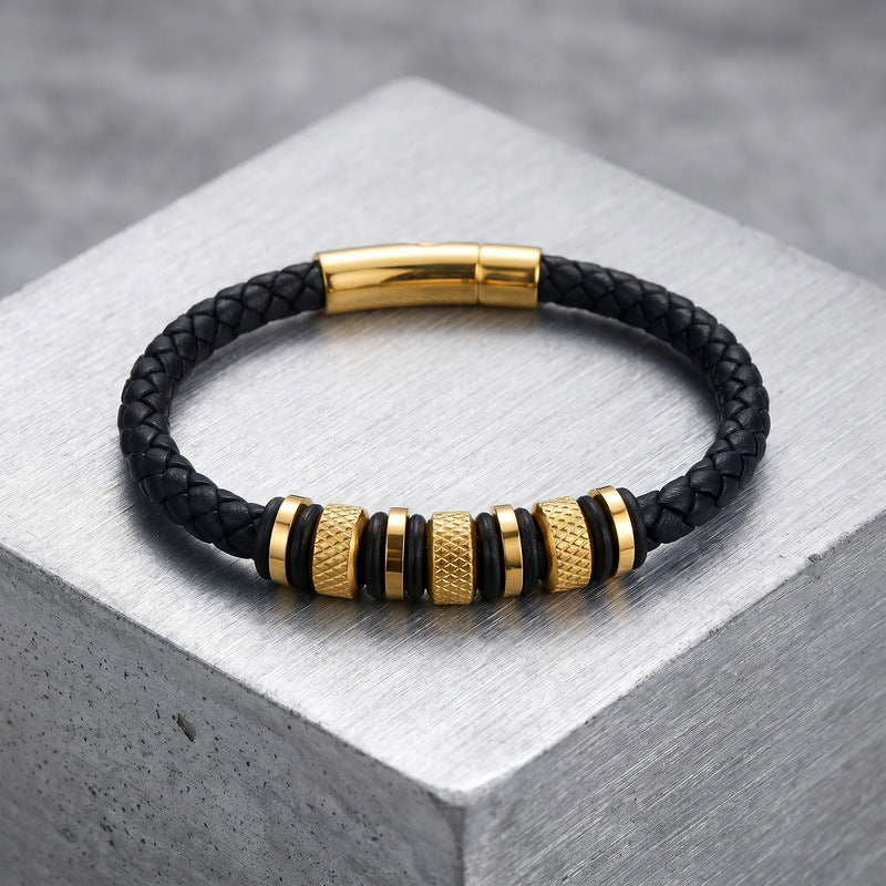 Rhombus Knurled Titanium Steel Ball Woven Microfiber Leather Magnetic Buckle Leather Bracelet