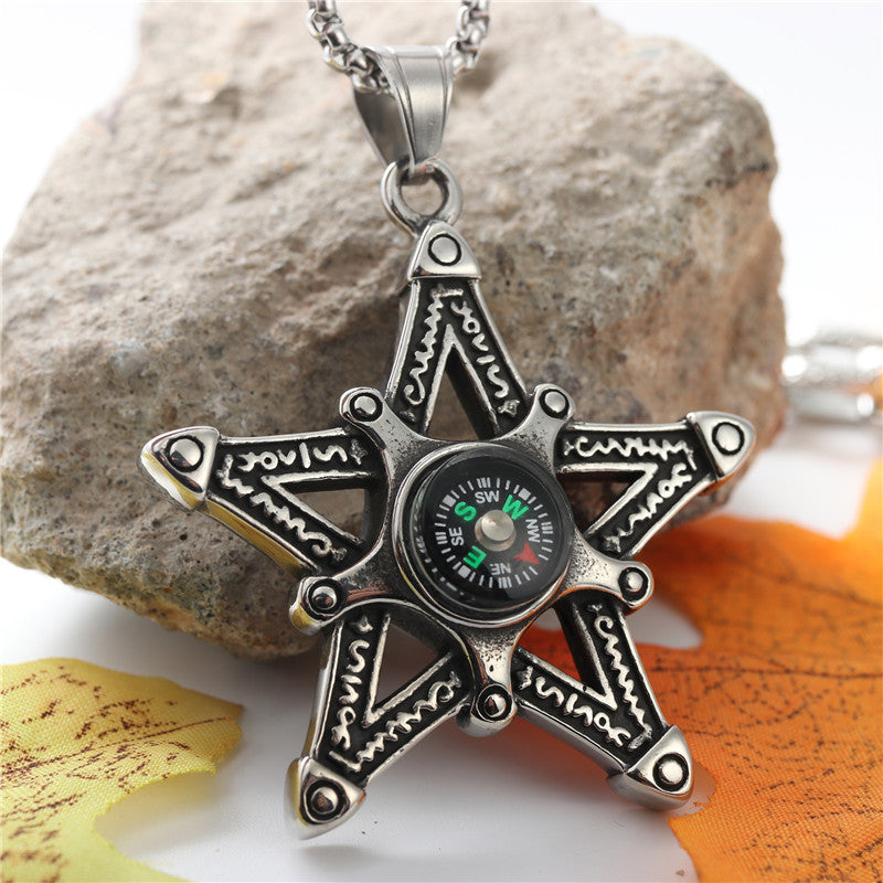 Stylish Titanium Steel Hollow Star Pendant Necklace for Men with Retro Compass Design