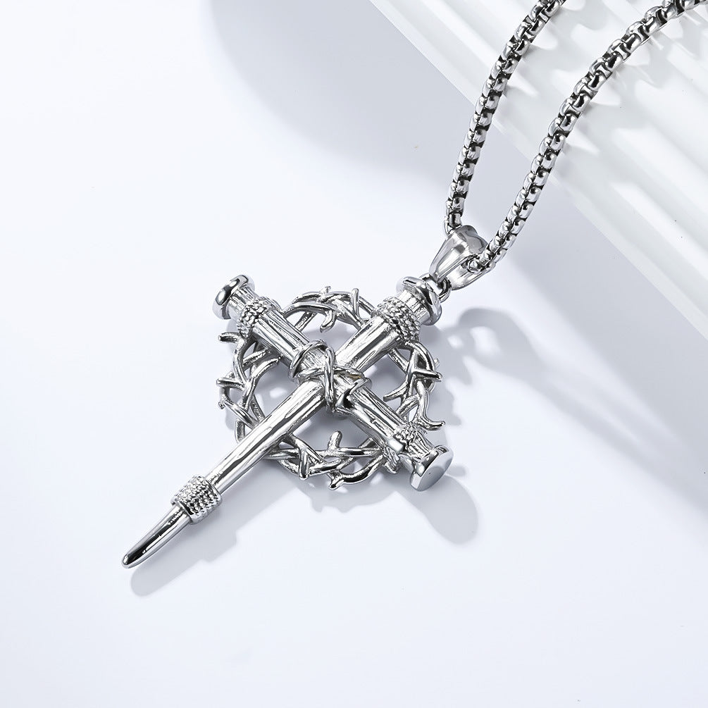 Steel Necklace – Statement Cross Pendant With Thorn Wreath Design For Hipster Street Style