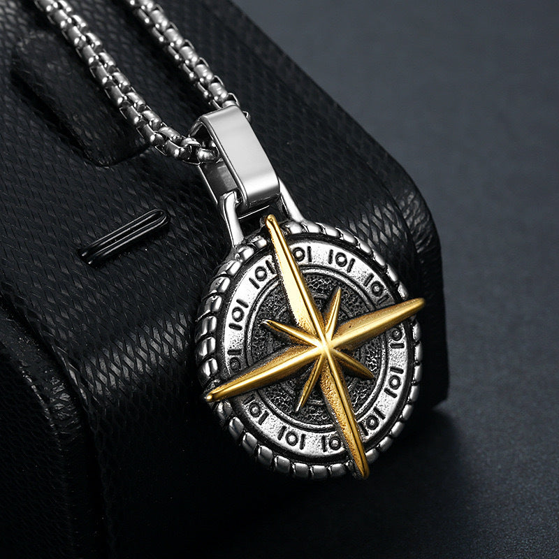 Planderful Mens Stainless Steel Compass Necklace Personalized Navigator Cross Pendant Retro Hip Hop Style