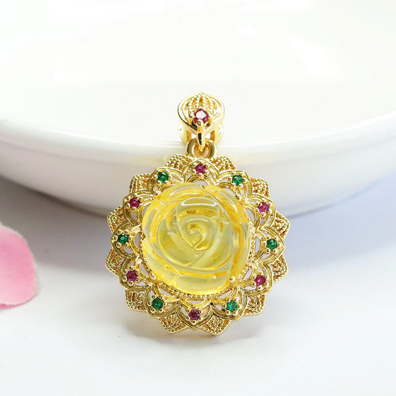 Golden Flower Amber Zircon Rose Pendant - Handcrafted Sterling Silver Jewelry
