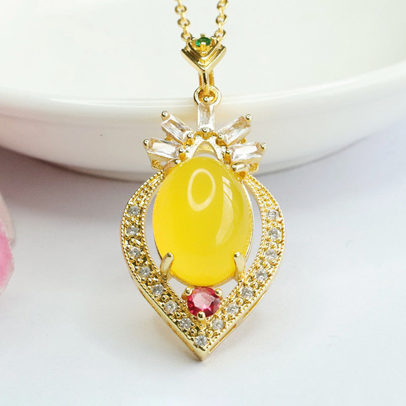 Oval Yellow Chalcedony, Zircon Peach Heart Pendant