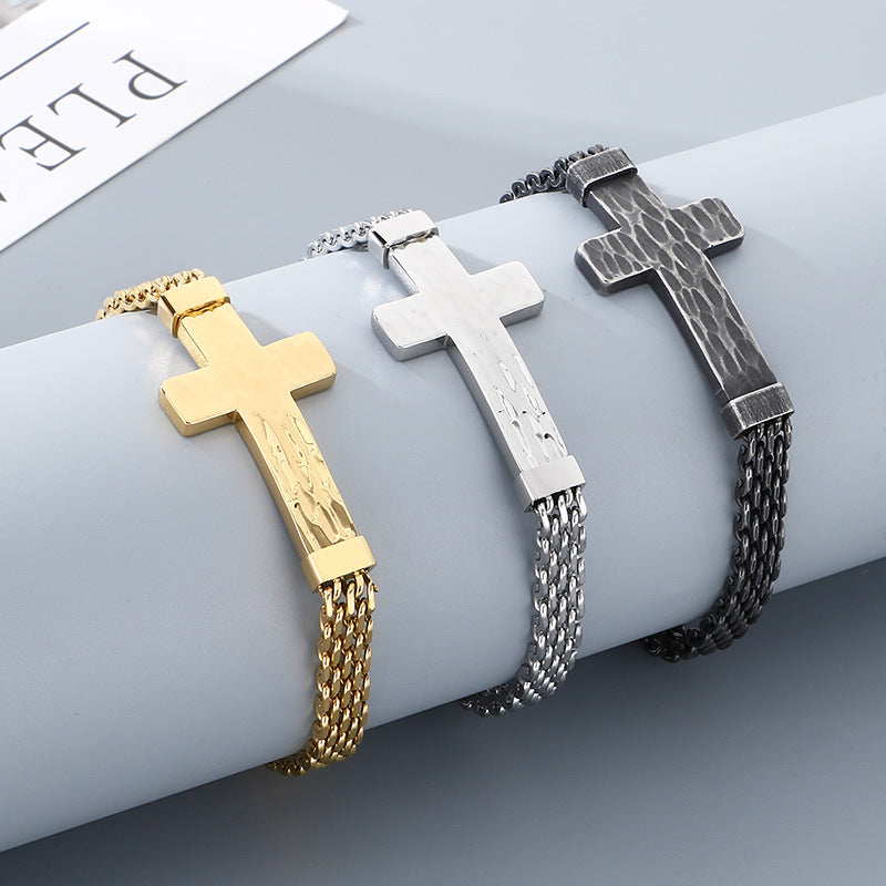 Hammer Texture Cross Stainless Steel Men's Bracelet Hand Adjustable
