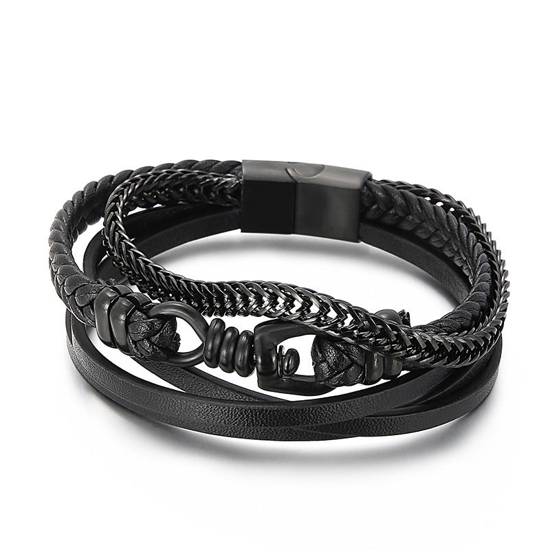 Planderful Men Leather Chain Bracelet Multi Layer Punk