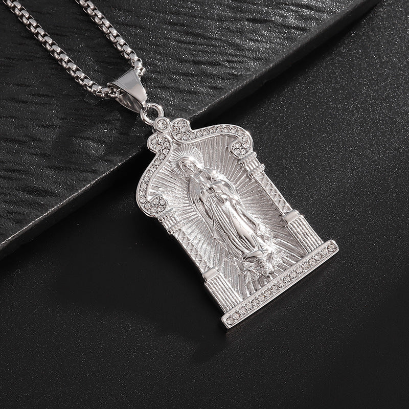 Planderful Maria Pendant Necklace For Men Titanium Steel Gold Plated 18K Rhinestone Hip Hop Style