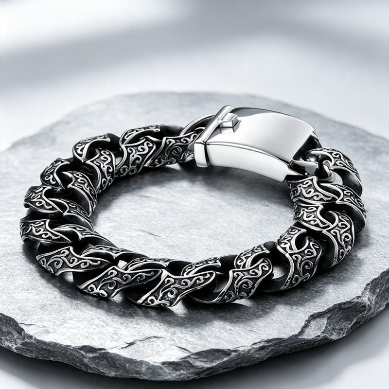 Punk National Style Men's Bracelet Double-Sided Tang Grass Pattern Thick Cuban Chain