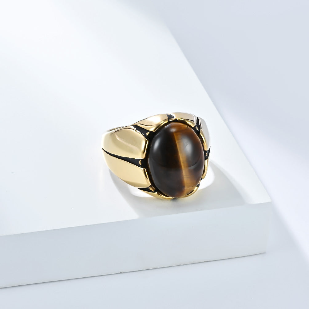 Planderful Tiger's Eye Ring For Men Egg Shaped Black Stone Stainless Steel Jewelry Everyday Genie