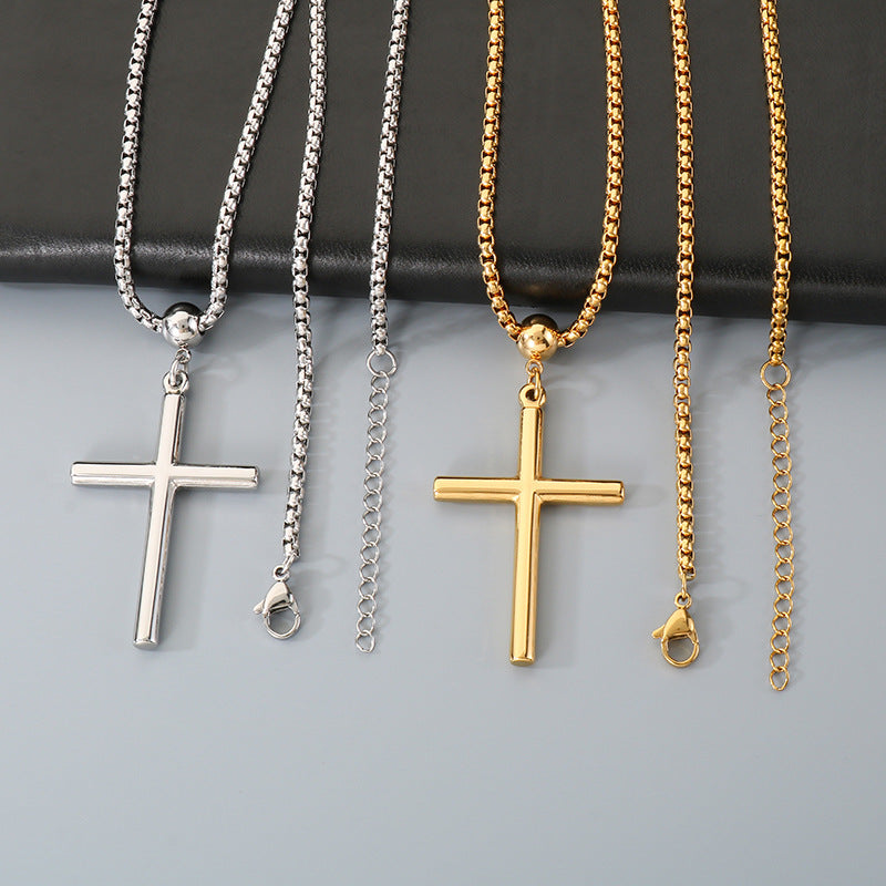 Ball Buckle Necklace, Smooth Cross Pendant Square Pearl Chain Stainless Steel Men's