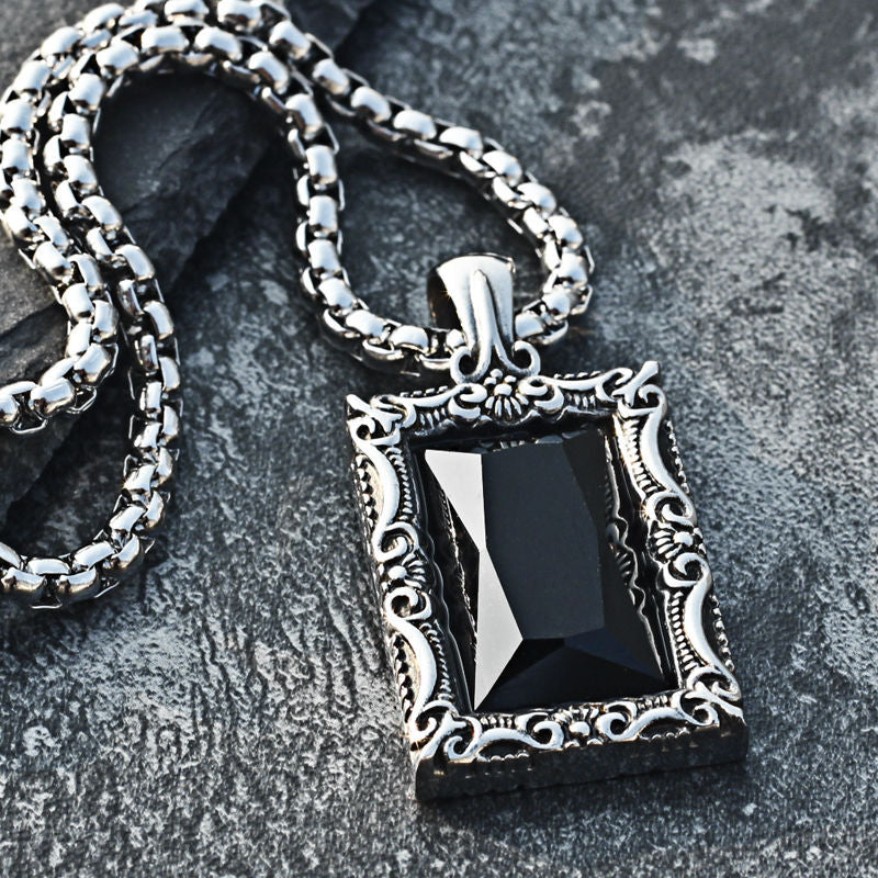 Planderful Pendant For Men And Women Retro Engraved Rectangle Black Stone Titanium Steel Unisex Bold Hip Hop Style