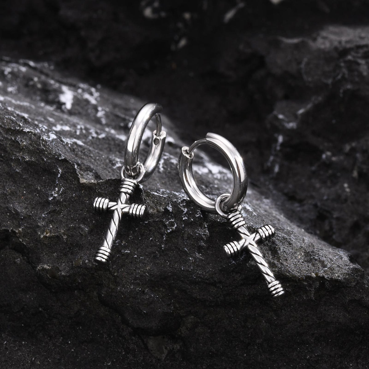 Rugged Cross Hoop Earring — Silver Single