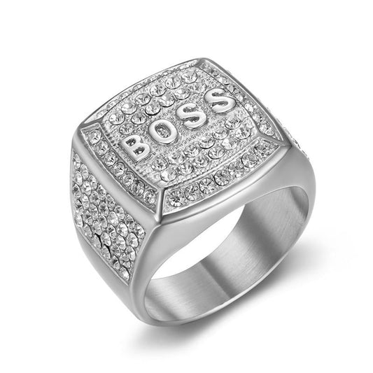 Planderful Hip Hop Ring For Men Titanium Steel Gold Plated Rhinestone Square Boss Letter Bold Statement Accessory