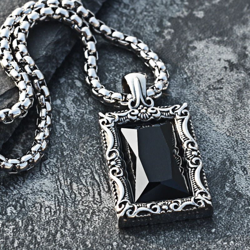 1) Planderful Mens Stainless Steel Necklace Engraved Black Zircon Vintage Hip Hop Style Gift Idea