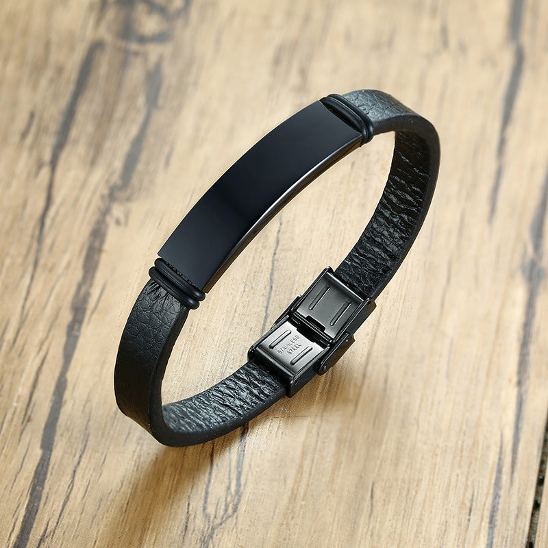 Stainless Steel Black Curved Leather Bracelet Men's Trendy Accessories Jewelry Wholesale Personalized for Men