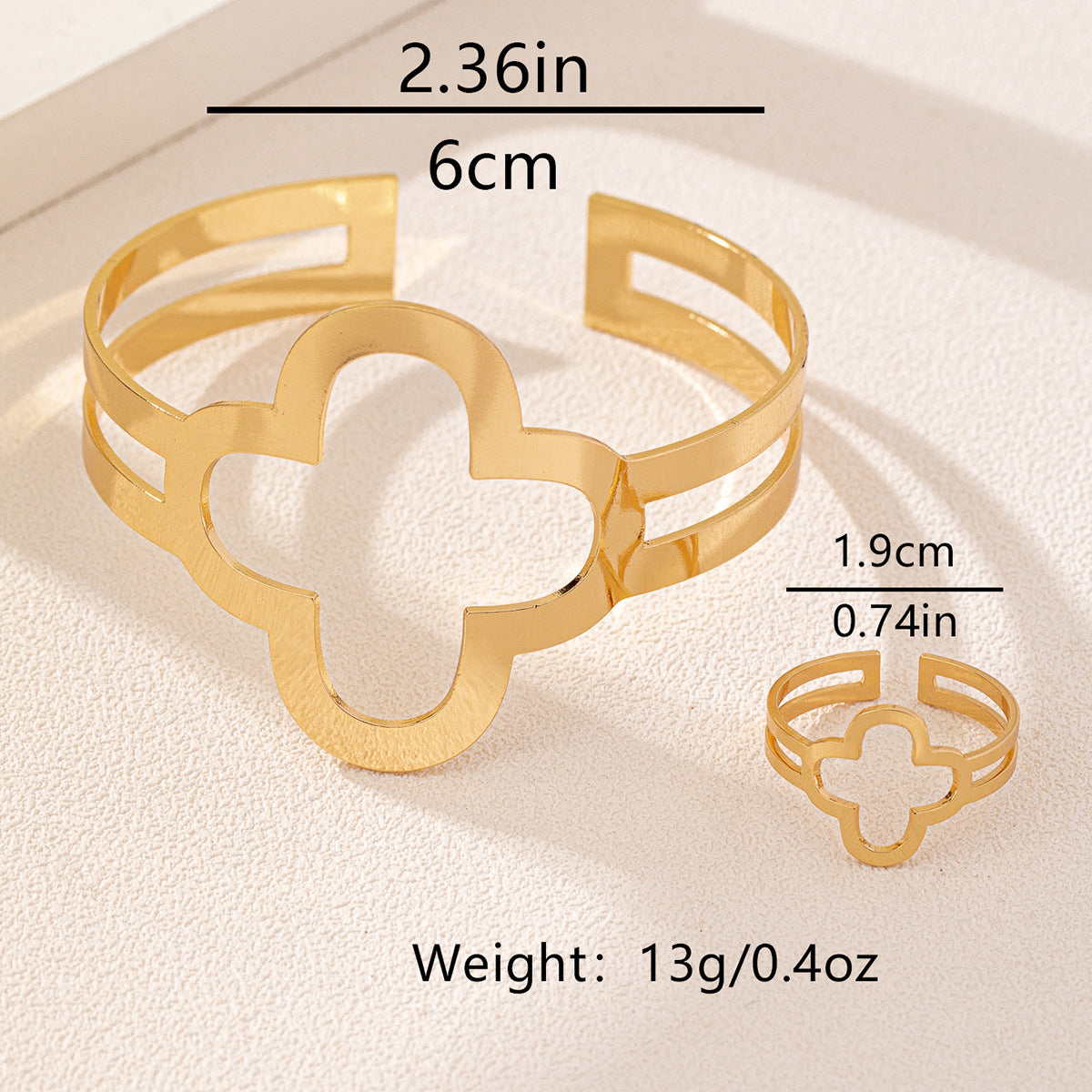 Stylish Metal Four-Leaf Flower Bracelet and Ring Set