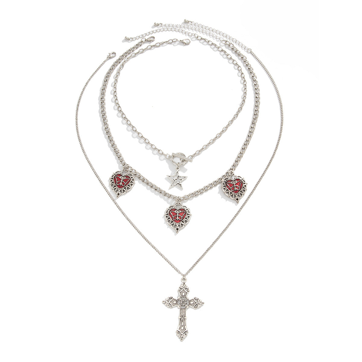Gothic Red Heart & Cross Layered Necklace