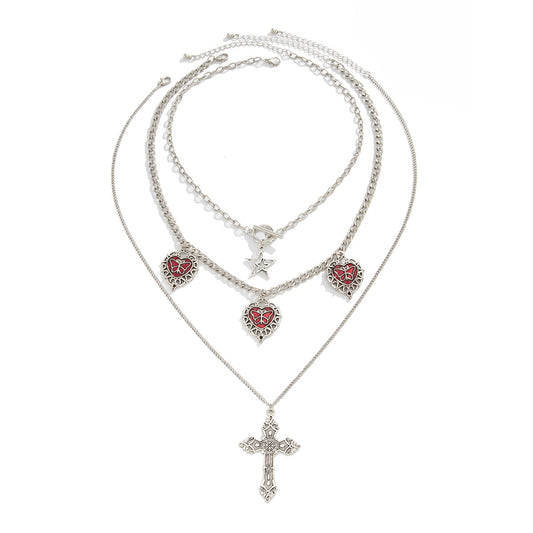 Gothic Red Heart & Cross Layered Necklace