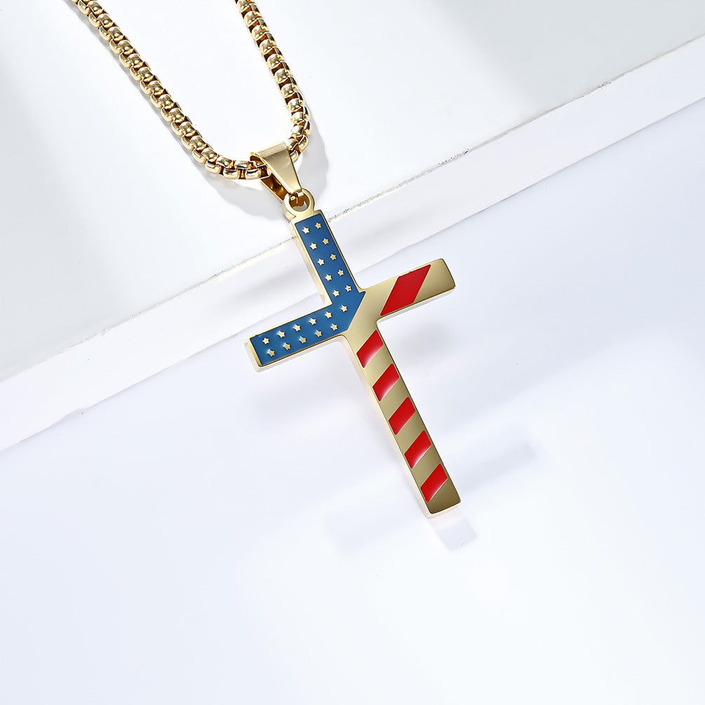 Planderful American Flag Cross Necklace Titanium Steel Unisex Hip Hop Style Premium Daily Wear